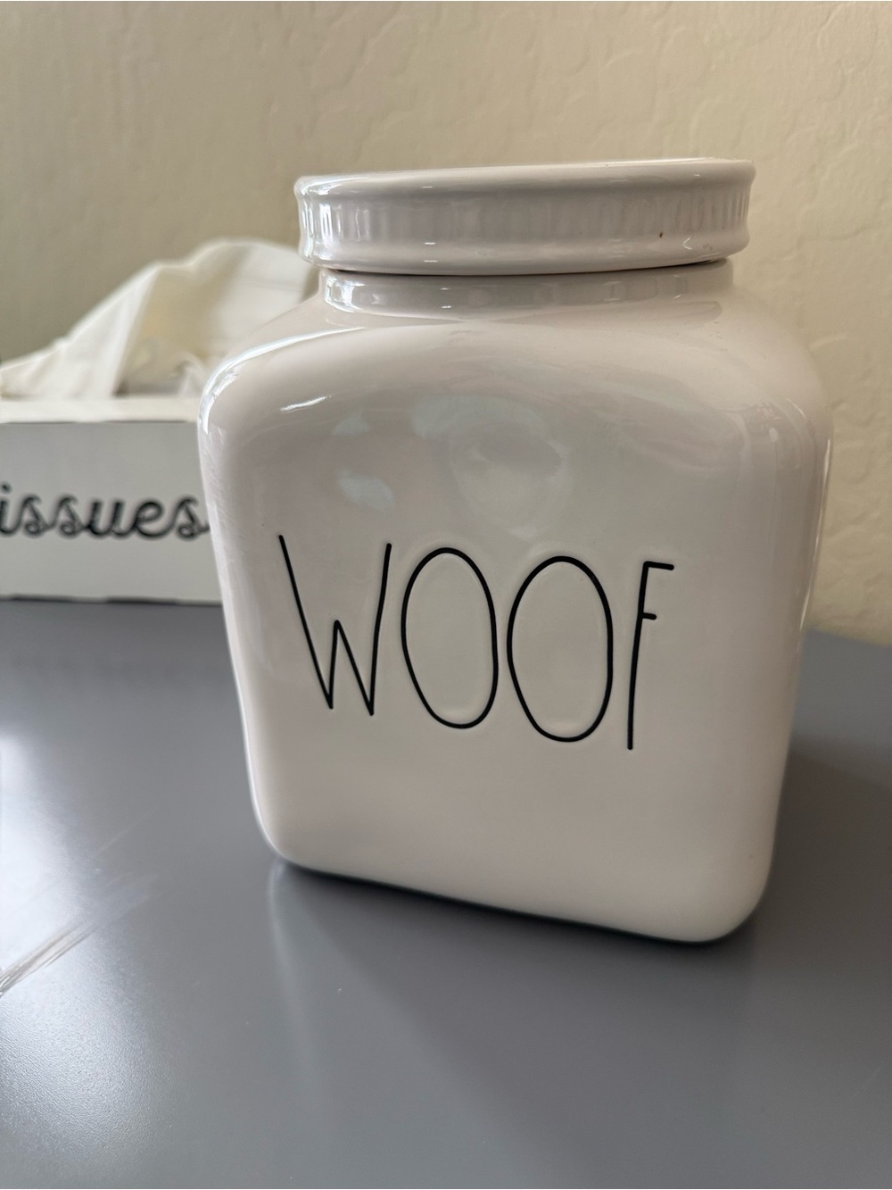 Rae Dunn White Ceramic "WOOF" Dog Treat Jar